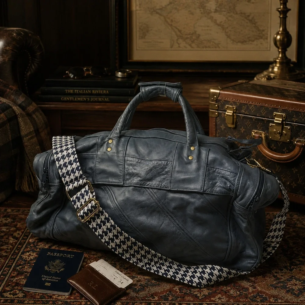 Vintage Leather Duffle Bag Blue Gray Made in Mexico Weekender Carry On Travel